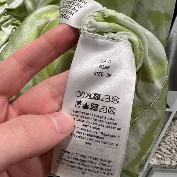 Ganni Ruched Organic Silk-Blend Top Green Zebra Print Size 36 - Picture 5 of 7